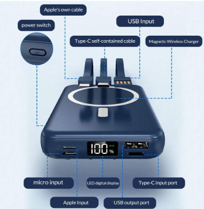 5000mAh Wireless Power Bank Built-In 3 Cables